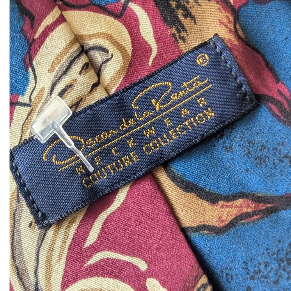 Vtg 90s Oscar de la Renta Mens Necktie Burgundy Blue Abstract Silk Designer‎ USA